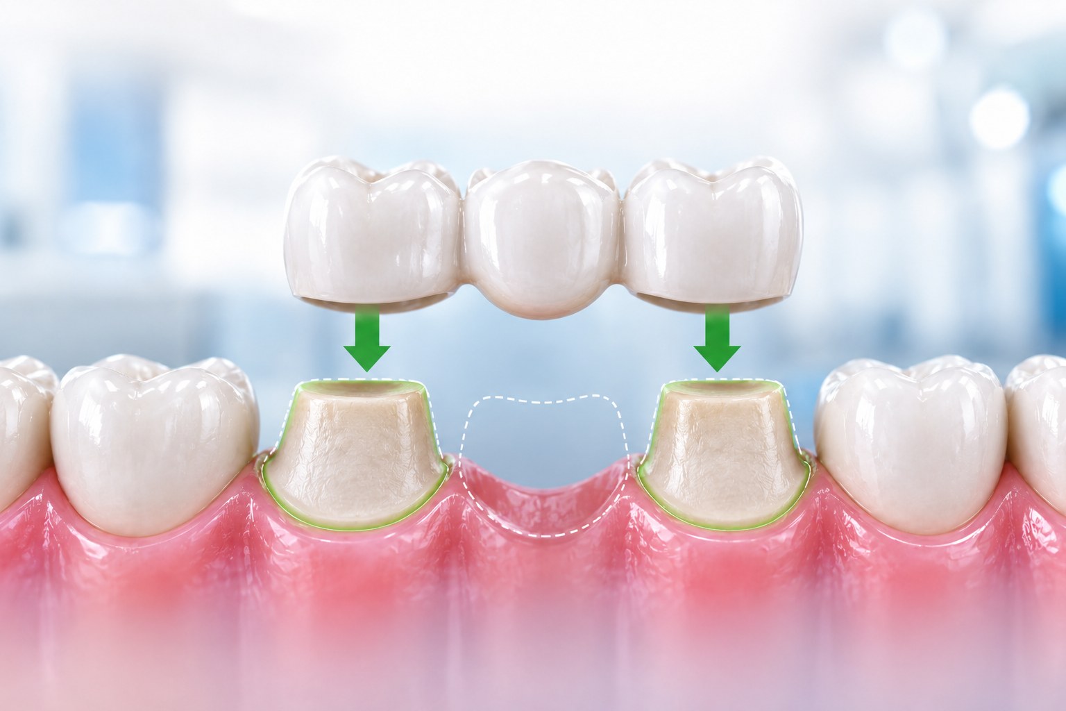 A three-unit bridge lowered onto two prepared teeth either side of an empty gap. The dashed outline marks the missing tooth; the false tooth hangs between the two, carried at the ends.