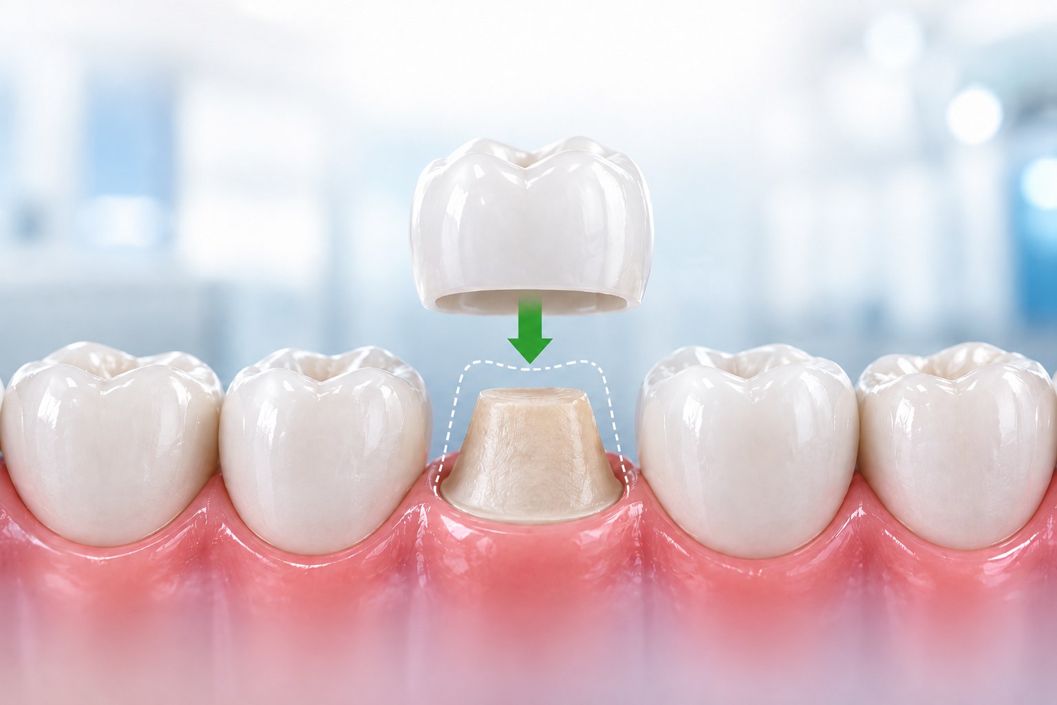 A crown lowered onto a tooth that has been reduced to a stump. The dashed outline marks the original shape of the tooth; the crown covers what remains rather than filling it.