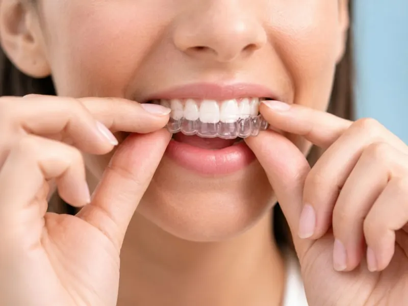 Woman fitting a clear Invisalign aligner over her teeth